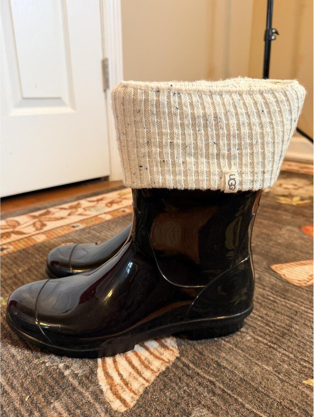 UGG Shaye Black Rain Boots Knit Cuff Waterproof Rubber Boots Size 12 NEW
